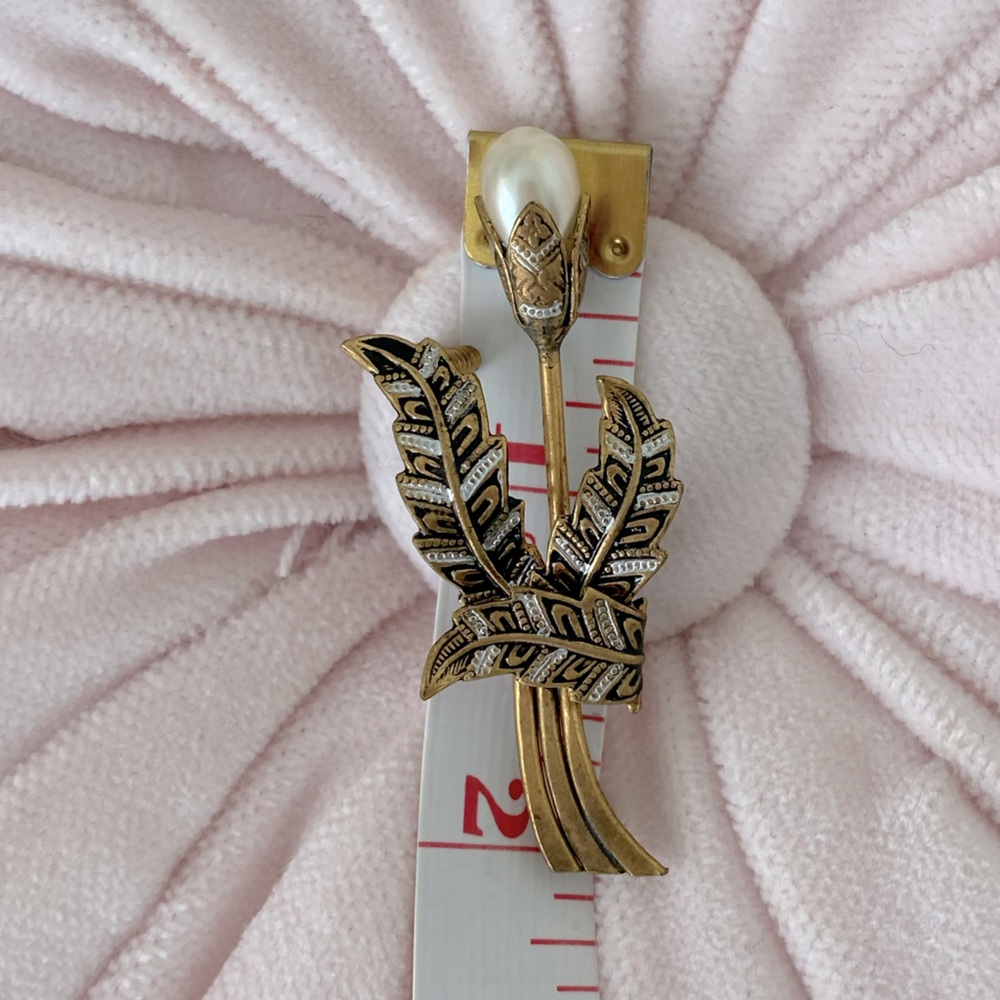 Vintage Damascene Goldtone and Silver Flower Brooch  Faux Pearl for Flower Bud